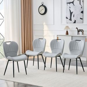 Set di 4 Sedie da Pranzo in PU Grigio Chiaro con Maniglia Integrata, Telaio in Metallo Nero e Piedini Regolabili per Uso Domestico - Product Image 1