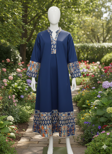 Elegante Vestido Largo Kaftan Azul Marino, Cuello Redondo, Estilo Bohemio, Transpirable y Ligero, Colección de Verano para Mujer - Product Image 3