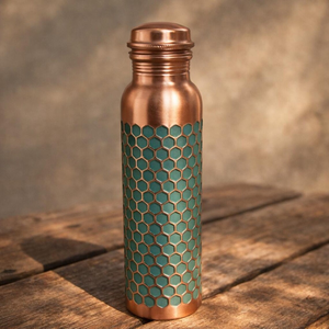 Premium Printed <b>Copper</b> <b>Drinking</b> <b>Bottle</b> Teal Honeycomb Design Reusable Water <b>Bottle</b> with Decorative <b>Copper</b> Finish and Lid - Product Image 1