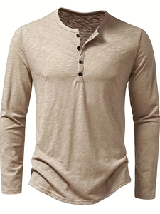 Men's Slim Fit Long Sleeve Henley T-Shirt Stand-Up Collar Solid Color Breathable Knitted Cotton Casual Wear 220g Made Bangladesh - Product Image 4