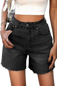 Shorts en jean noir taille haute avec ourlet effiloché et cinq poches, style décontracté pour femme - Product Image 4