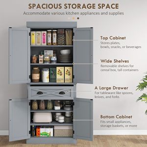 Armoire de cuisine moderne en métal et bois à 4 portes et 2 étagères avec grand tiroir central - Gris - Product Image 4