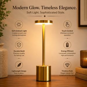 Lámpara de Mesa LED Moderna Dorada |   Lámpara de Escritorio Metálica Inalámbrica Recargable con Control Táctil, 2000mAh, 8 Horas de Duración, Decoración de Lujo para el Hogar y la Oficina - Product Image 5