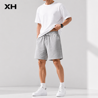 Shorts Bermuda en Coton pour Hommes XH, Gris Uni, Taille Élastique avec Cordon de Serrage, Décontractés, Respirants, Tricotés, Shorts d'Été