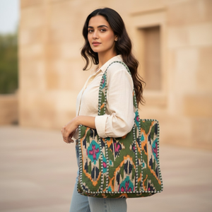 Quilted Cotton Boho Geometric Printed <b>Tote</b> Bag Reusable Shopping Carryall for Wedding Party Travel Daily Use - Product Image 2