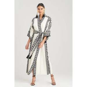 Kimono largo blanco para mujer con estampado étnico negro, cinturón, ropa de lujo para estar en casa o salir de noche, cintura natural - Product Image 2