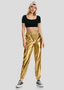 Pantalones Jogger de Cintura Alta para Mujer, Diseño de Lona con Puntos Metálicos Brillantes, Estilo Húmedo, para Club, Hip Hop, Actuaciones, Holográficos - Product Image 4
