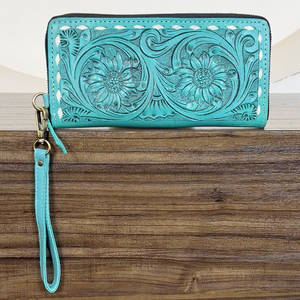 Cartera de mano con cremallera de cuero genuino repujado a mano con diseño floral turquesa, estilo occidental para mujer, para guardar tarjetas de crédito y efectivo, ideal para compras. - Product Image 5
