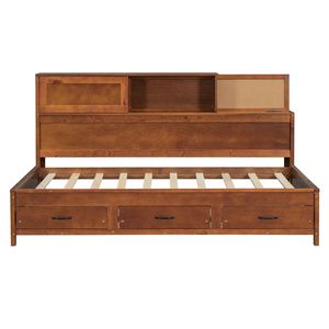 Divano letto singolo in legno di noce con 3 cassetti contenitore, ripiano superiore morbido e set di prese e porte USB - Product Image 3
