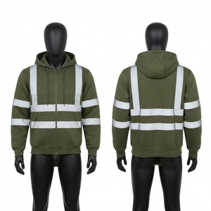 Sweat à capuche unisexe de travail en molleton 100 % coton 320 GSM de qualité supérieure, vert olive, avec bande réfléchissante, logo personnalisé, fermeture éclair intégrale, imperméable et écologique - Product Image 1