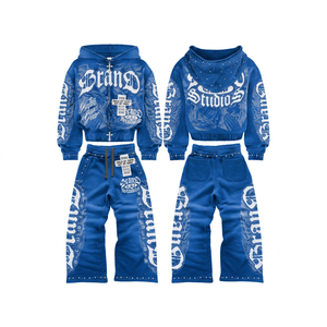 Conjunto de Sudadera con Capucha y Pantalones de Algodón para Hombre, Estilo Urbano, con Estampado por Sublimación Azul, Chaqueta con Cremallera, OEM ODM - Product Image 1