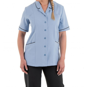 Tunique blanche à manches courtes pour femmes, bordure marine, respirante, en coton/polyester/spandex, uniforme pour esthéticiennes, infirmières, personnel hôtelier - Product Image 6