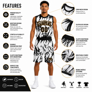ชุดบาสเก็ตบอลชายแบบกำหนดเอง พิมพ์ลายแบบ Sublimation แห้งเร็ว ผ้าโพลีเอสเตอร์ ชุดทีม สีขาวดำ ลายพิมพ์ แขนกุด ทรงสปอร์ต - Product Image 5