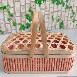Cesta de Bambú Rectangular Festiva para Picnic con Tapa de Tejido Abierto, Cesta Decorativa de Madera con Doble Asa para Té y Pasteles, Baúl de Almacenamiento - Product Image 2