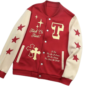 <b>Red</b> Beige College Baseball Jacket for Men Star Print Varsity Outerwear Custom Logo Streetwear Fashion Winter OEM Supplier - Product Image 1
