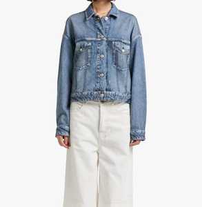 Wholesale <b>Women's</b> Distressed <b>Cropped</b> Denim Jacket Washed Blue Frayed Hem Long Sleeve Casual <b>Jean</b> Coat - Product Image 1