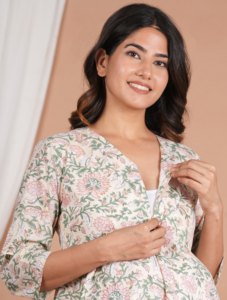 Vestido largo de algodón floral tipo kimono para mujer, con cremallera para amamantar, estampado a mano, venta al por mayor de fábrica - Product Image 2