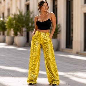 Pantalon en cuir effet serpent taille haute coupe skinny, pantalon évasé ample effet serpent pour filles, pantalon de motard - Product Image 1