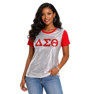 Maglietta Bianca con Paillettes Delta Sigma Theta per Donne Vestibilità Comoda Tessuto Premium Abbigliamento Casual per Confraternite Greche - Product Image 1