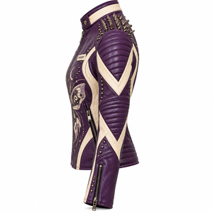 Blouson de motard pour femme en cuir véritable violet crème, avec impression artistique personnalisée motif papillon, bicolore contrastant et clouté, Fabricant - Product Image 4