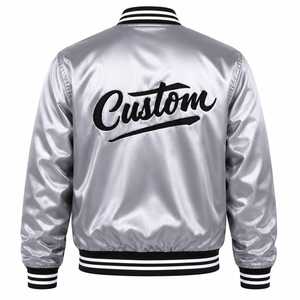 Custom Men's <b>Silver</b> Bomber <b>Jacket</b> Stand Collar Embroidered Front Logo Pullover Closure Satin Finish Casual Streetwear Winter - Product Image 4