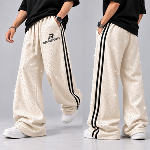 Custom Men Rhinestone Wide Leg Sweatpants Side Stripe <b>Baggy</b> <b>Track</b> <b>Pants</b> Relaxed Fit Streetwear Drawstring Wholesale Supplier - Product Image 2