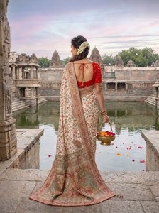 Golden Flora Royal Blossom Aura Luxe Elite Tissue Timeless Elegance Collections Traditional Wedding Heavy Rajwada Pasmina Silk - Product Image 2