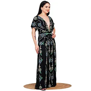 Robe longue élégante noire en maille, ornée de fleurs en sequins complexes, col en V profond, robe de soirée cocktail - Product Image 4