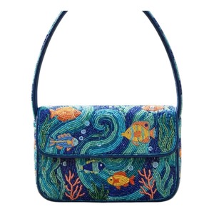 Sac à bandoulière artisanal perlé rayé violet et vert pour femme, pochette élégante brodée pour soirée d'été - Product Image 3
