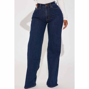 Jean évasé taille haute en denim bleu foncé uni, extensible en coton et élasthanne, décontracté, longueur complète, style automne pour femme - Product Image 4