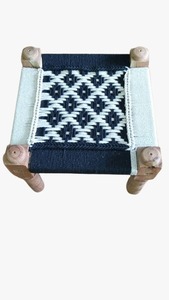 Handwoven Deep Green & White Rope Wooden Peeda <b>Stool</b> Ottoman Bone Inlay Console for Bedroom Garden Farmhouse - Product Image 5