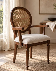 Fauteuil de salon design en bois massif, dossier ovale élégant en rotin, assise ergonomique rembourrée blanche pour la décoration intérieure - Product Image 4