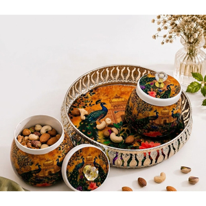 Ensemble de plateaux en fer traditionnels indiens, deux bocaux hermétiques pour fruits secs, design imprimé animal, plateau de service décoratif, cadeau de mariage ou de Diwali - Product Image 3