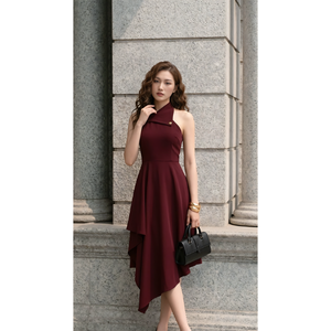 Robe Midi Femme Bordeaux Col Halter Ourlet Asymétrique Élégante Sans Manches Coupe Évasée pour Soirée, Mariage, Cérémonie OEM ODM - Product Image 1
