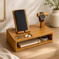 Organisateur de bureau multifonctionnel moderne en bambou, support pour téléphone, support pour tablette, support pour montre, étagère ouverte, plateau de rangement, gestion des câbles