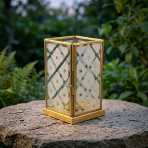 ARTISAN DESIGN <b>Brass</b> <b>Lantern</b> votive With Star Pattern Embossing For Home Decoration Weddings Durable Candle Holder - Product Image 4