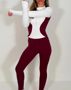 Ensemble de yoga 2 pièces pour femme, manches longues, blocs de couleur, fermeture éclair sur le devant, leggings taille mi-haute en Spandex/Nylon, respirant et sans coutures - Product Image 1