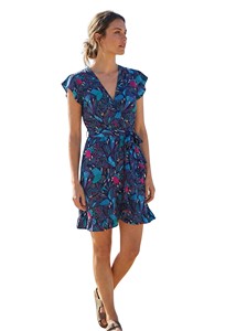 Robe de bureau élégante en rayonne, couleur unie imprimée, à manches courtes, col en V, boutonnée, coupe trapèze, tissée, écologique et naturelle - Product Image 3