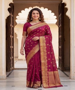 FANCY LICHI SILK WEAVING WORK <b>SAREE</b> with UNSTITCHED BLOUSE FESTIVE WEAR WHOLESALE PRICE SF-1092 <b>RED</b> FLOOR-LENGTH QUICK DRY 85024 - Product Image 1