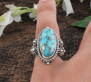 Bague en argent sterling 925 avec turquoise bleue naturelle sertie clos, cadeau classique pour mariage et fête, bijoux pour femme - Product Image 3