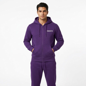 Hawk Eye Sports Men's Purple Hooded Drawstring Closure Fleece Lined Slim Fit Sporty Tracksuit <b>Set</b> Full Sleeve Side Pockets Front - Product Image 4