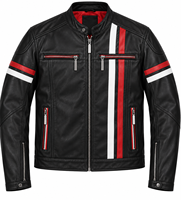 Blouson moto en cuir noir pour homme, col montant, fermeture éclair, coupe ajustée, rayures rouges et blanches, manches classiques, idéal pour l'automne