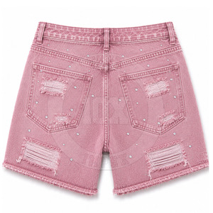 Shorts en jean déchirés à boutons et strass, sans coutures, décontractés, respirants, pour l'été, fabriqués au Pakistan - Product Image 2