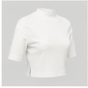 Camiseta Corta para Mujer, Color Marfil, Cuello Alto Simulado, Manga hasta el Codo, Corte Holgado, WTS-0051 - Product Image 3