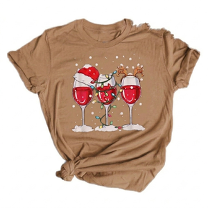 MANUFACTURER Custom women fashionable printed <b>Christmas</b> Wine Holiday Graphic Festive lightbrown Short Sleeve CrewNeck <b>TShirt</b> - Product Image 1