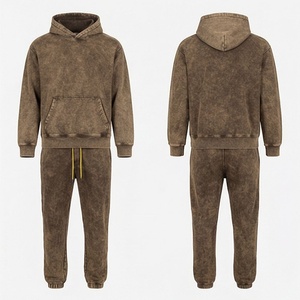 Custom <b>Distressed</b> Embroidery Zip Up Hoodie Sweatpants Set Men Tracksuit Rhinestone Sun Faded Acid Wash Gym Fitness Wear - Product Image 1