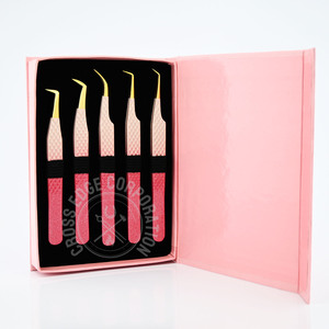 <b>Red</b> Pantone Color 45 90 Degree Golden Tip Lash Tech Tweezers Mega Volume Lash Tweezers for Eyelash Extension Makeup Tool - Product Image 1