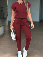 Women's Maroon 2-Piece Woven Fleece Jogger Set Short Sleeve Crew Neck Solid Color Casual Wear Side Stripe Pocket Quick Dry