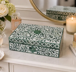 Handmade Green Bone Inlay Floral Box, Keepsake Jewelry Organizer, Luxury Box - Product Image 1