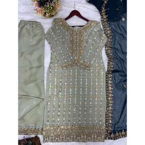 FIL À BRODERIE FANTAISIE EN SOIE TOP BAS AVEC DUPATTA VERT MER - Product Image 4